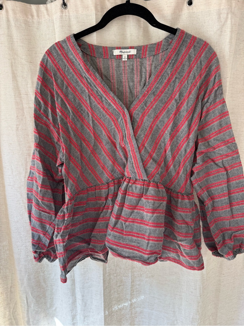 Madewell Gray and Coral Striped Peplum V-Neck Blouse